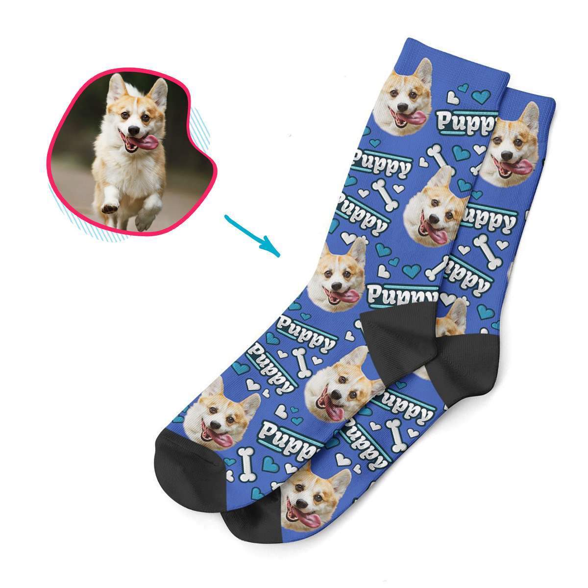 darkblue Puppy socks personalized with photo of face printed on them