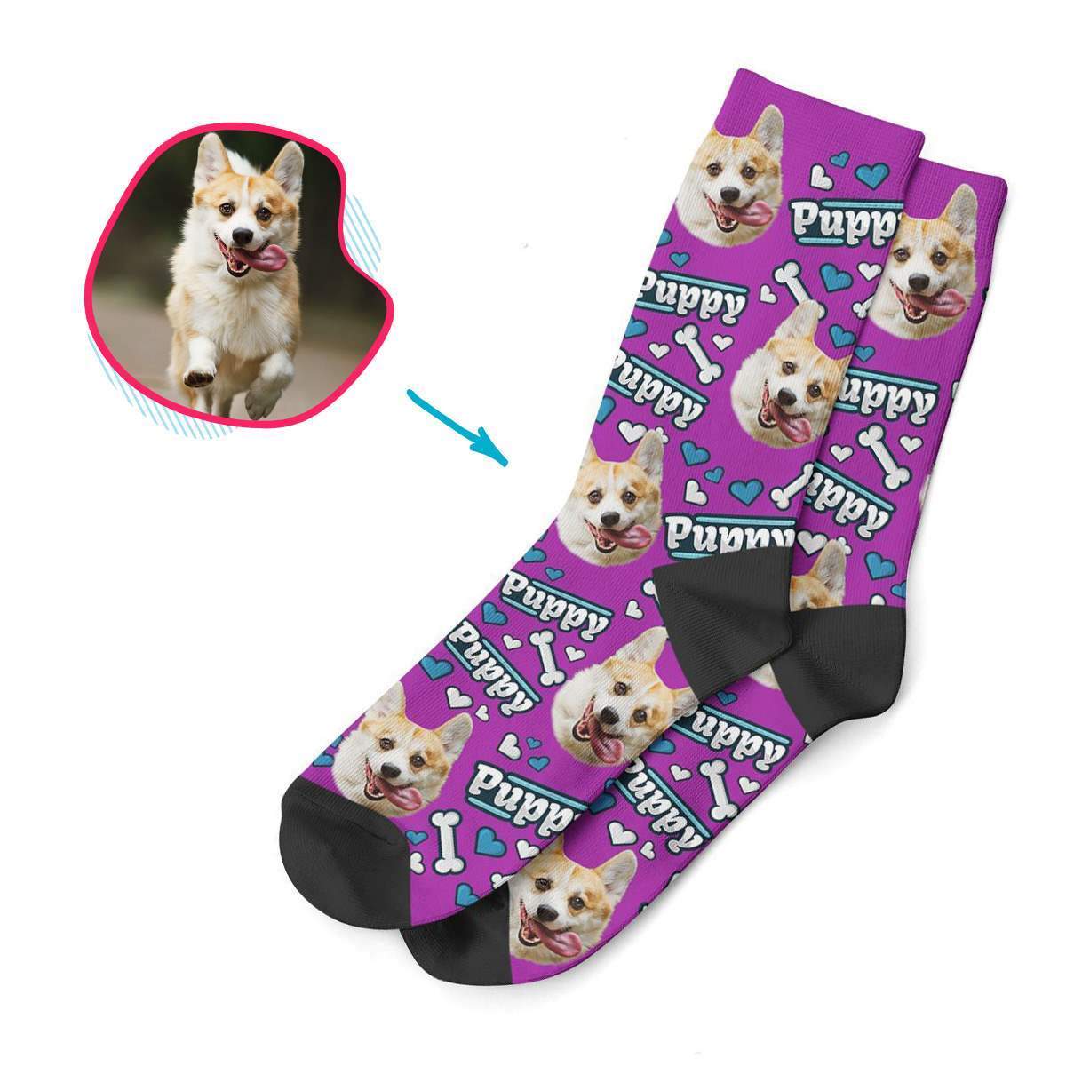 purple Puppy socks personalized with photo of face printed on them