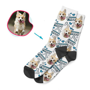 white Puppy socks personalized with photo of face printed on them