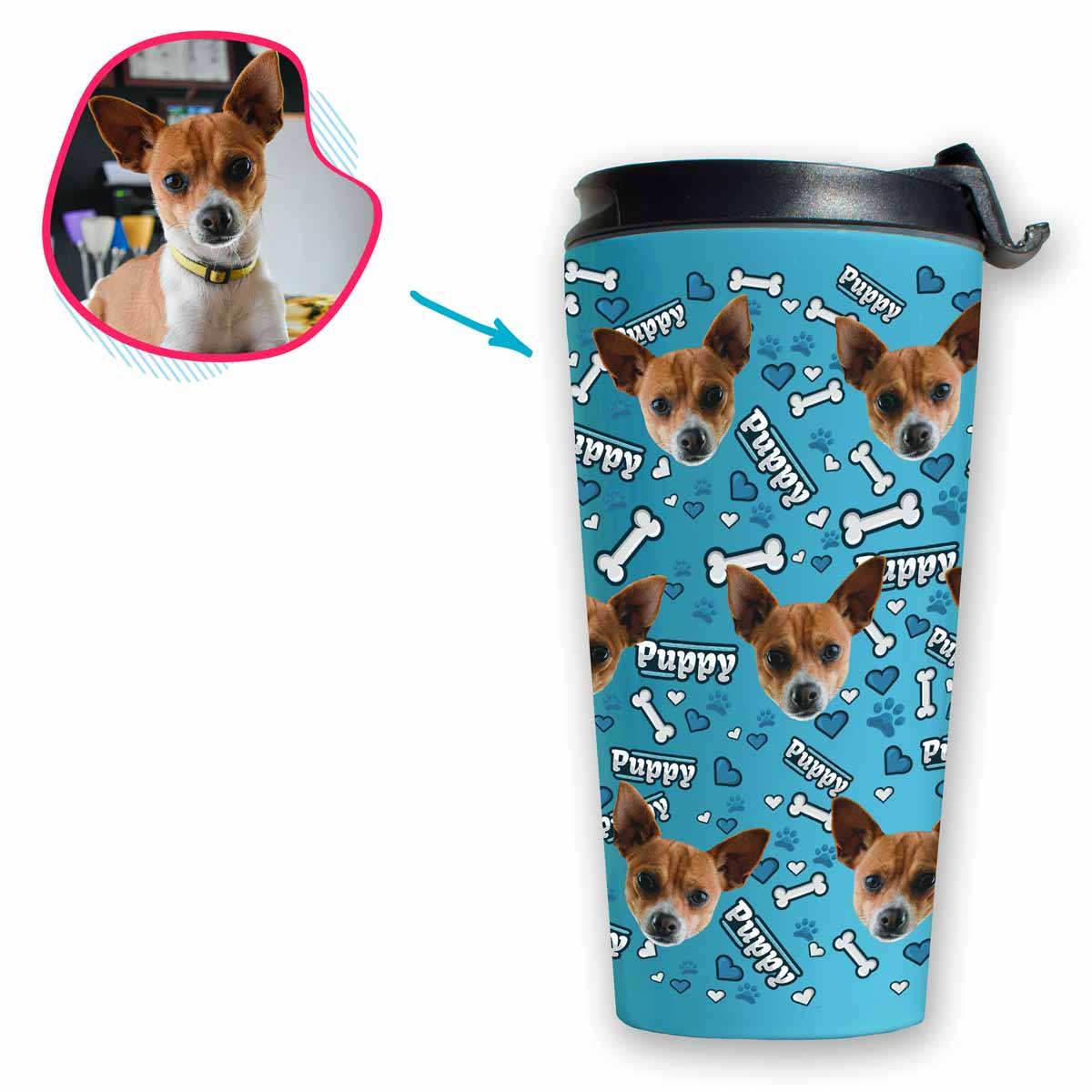 blue Puppy travel mug personalized with photo of face printed on it