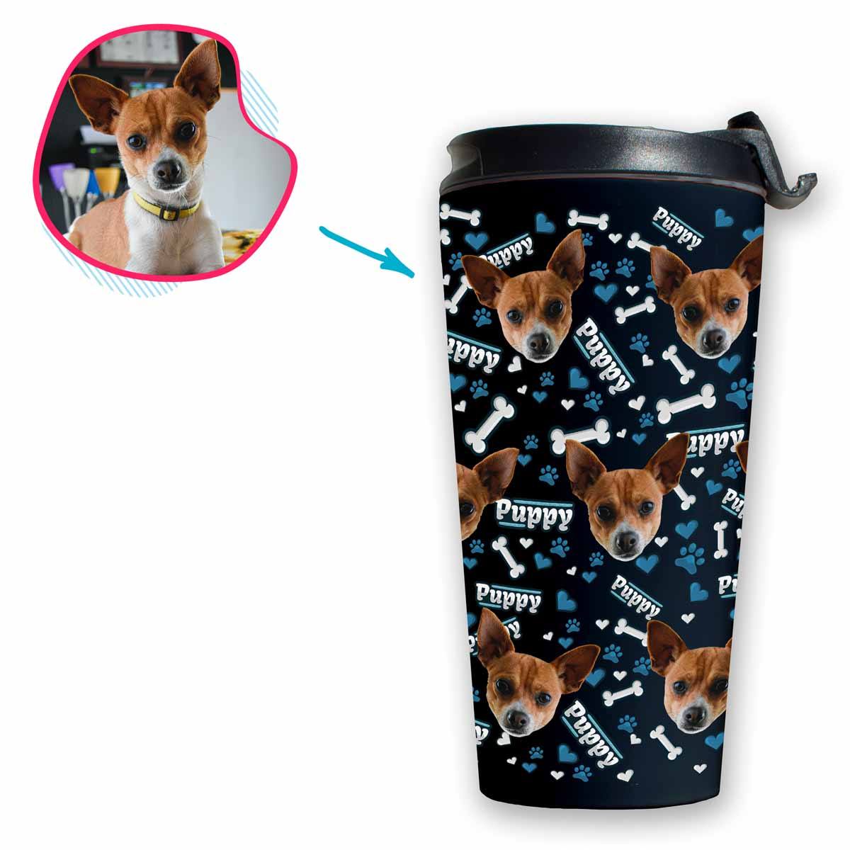 dark Puppy travel mug personalized with photo of face printed on it