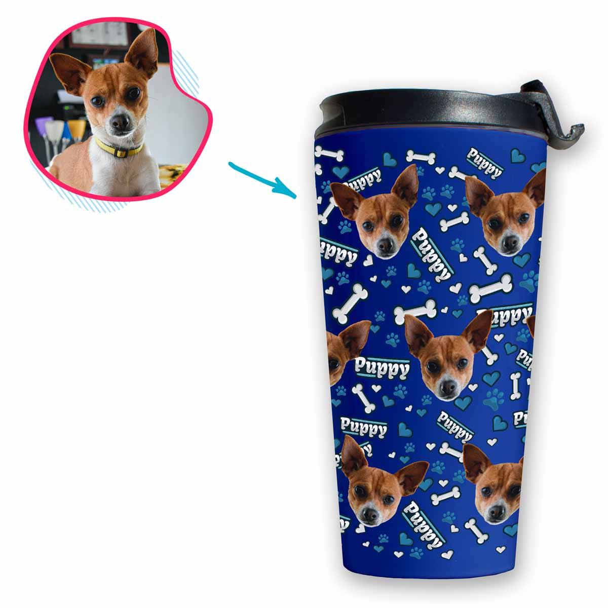 darkblue Puppy travel mug personalized with photo of face printed on it