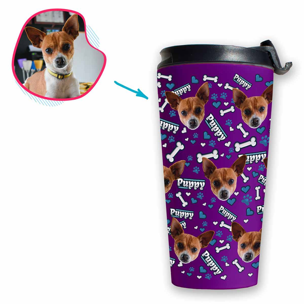 purple Puppy travel mug personalized with photo of face printed on it