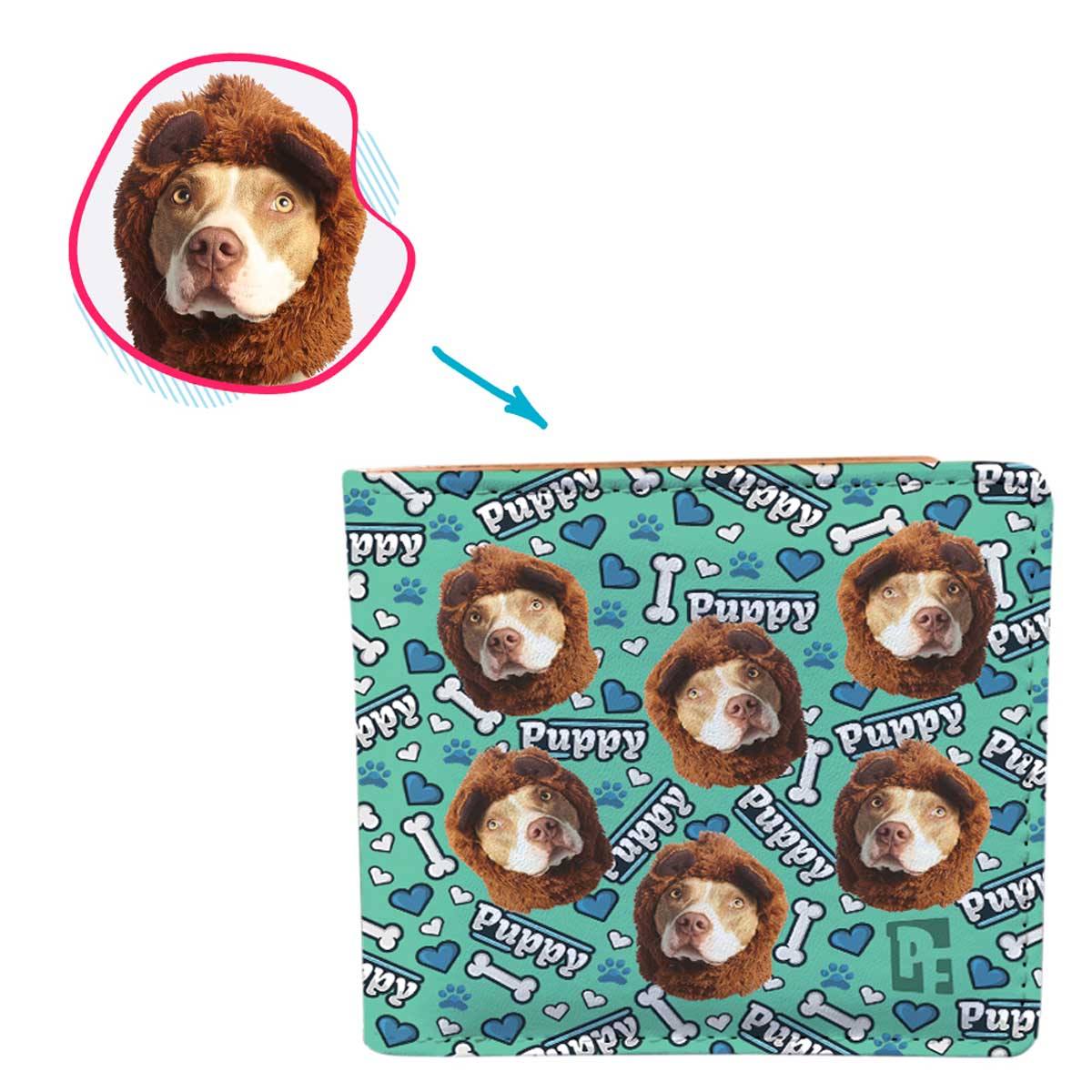 mint Puppy wallet personalized with photo of face printed on it