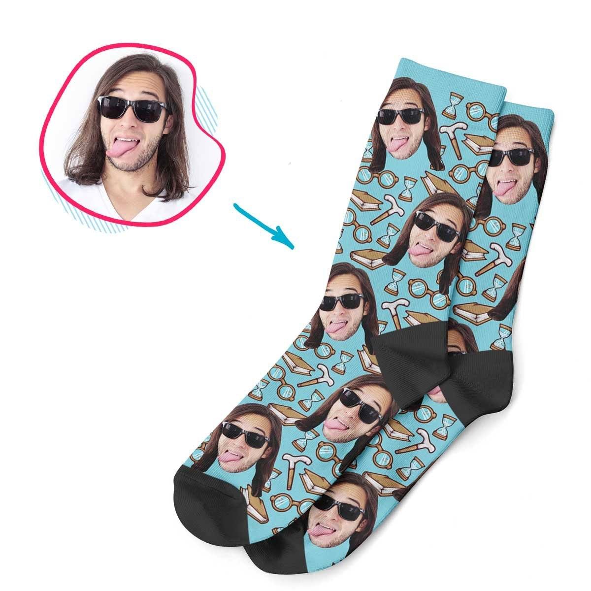 Blue Retirement personalized socks with photo of face printed on them