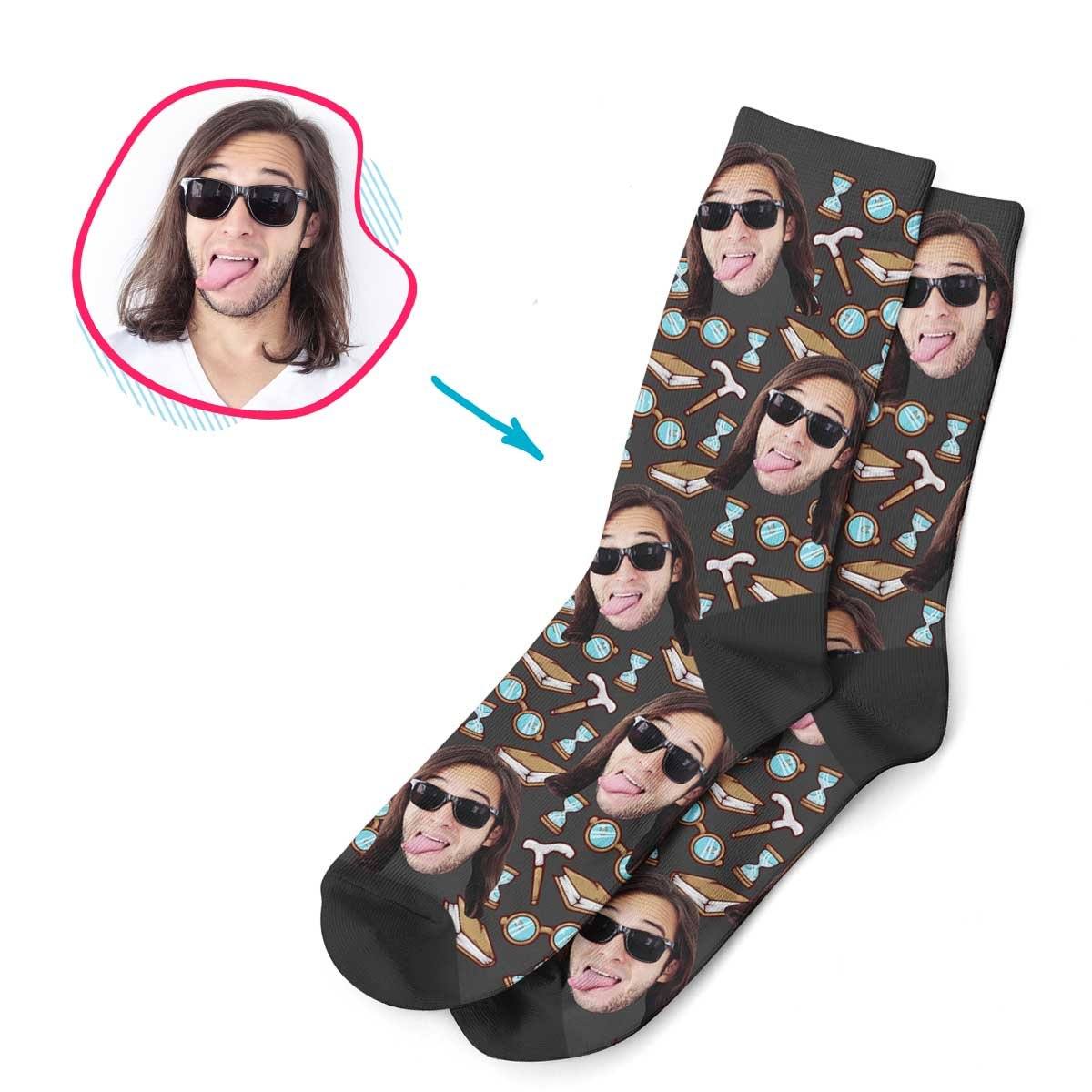 Dark Retirement personalized socks with photo of face printed on them