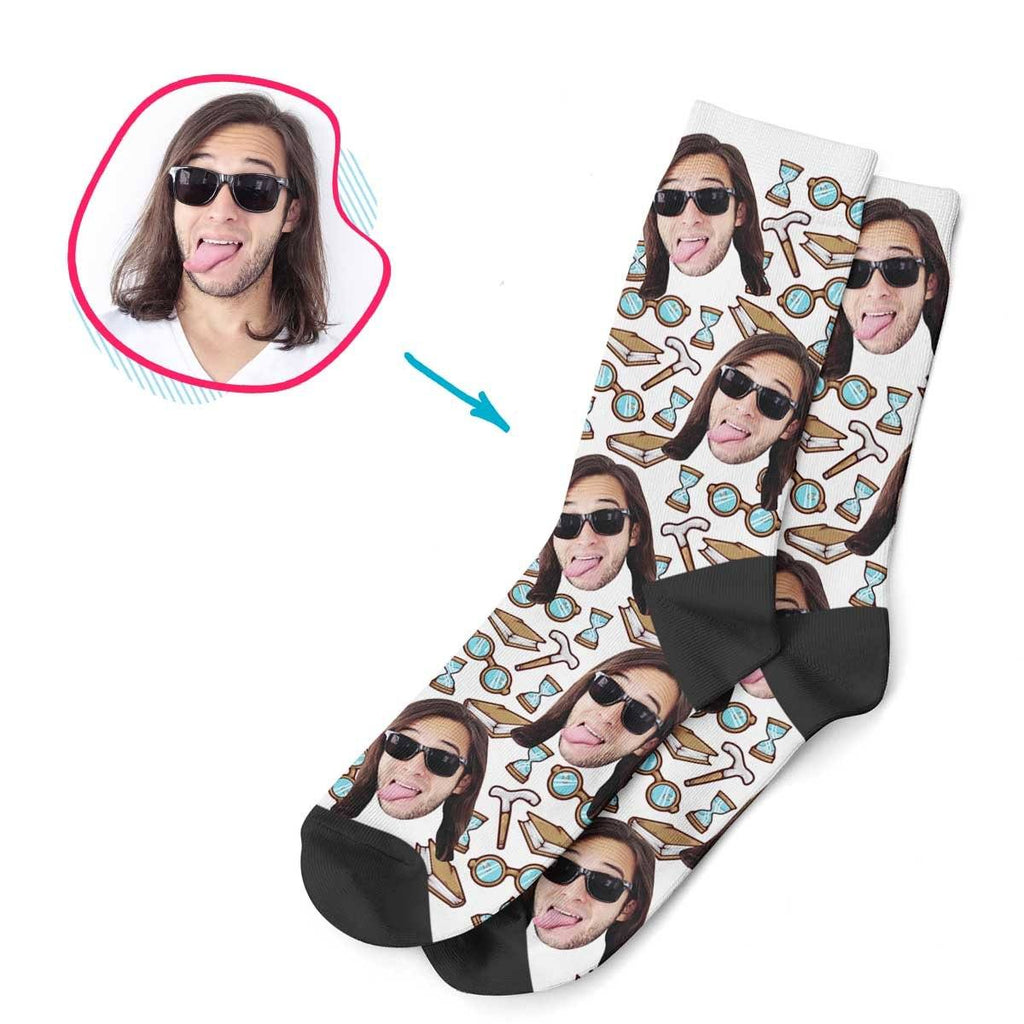 White Retirement personalized socks with photo of face printed on them