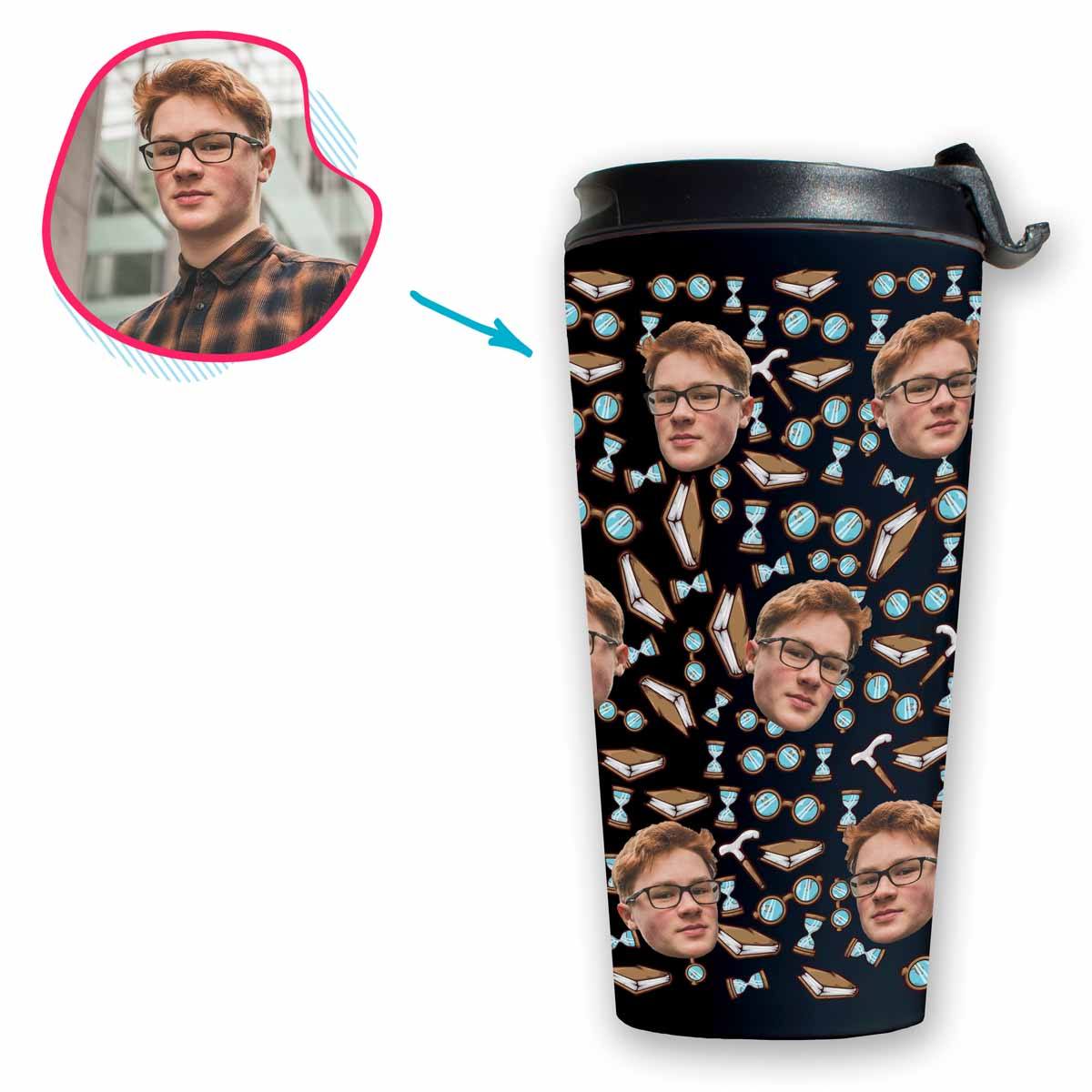 Dark Retirement personalized travel mug with photo of face printed on it