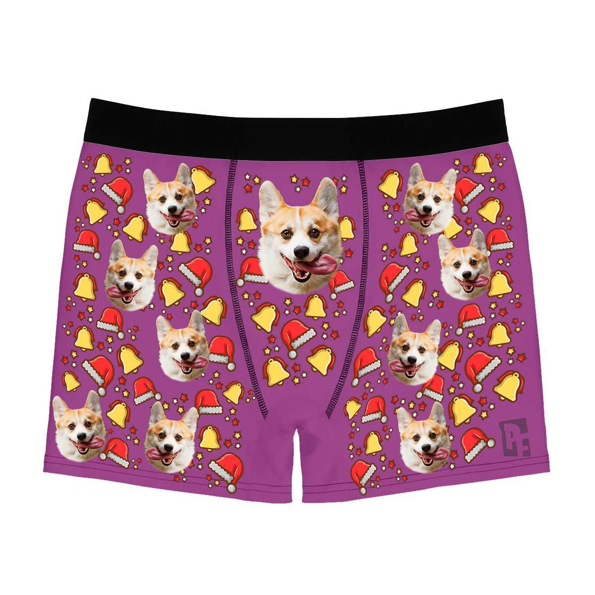 Purple Santa's hat men's boxer briefs personalized with photo printed on them