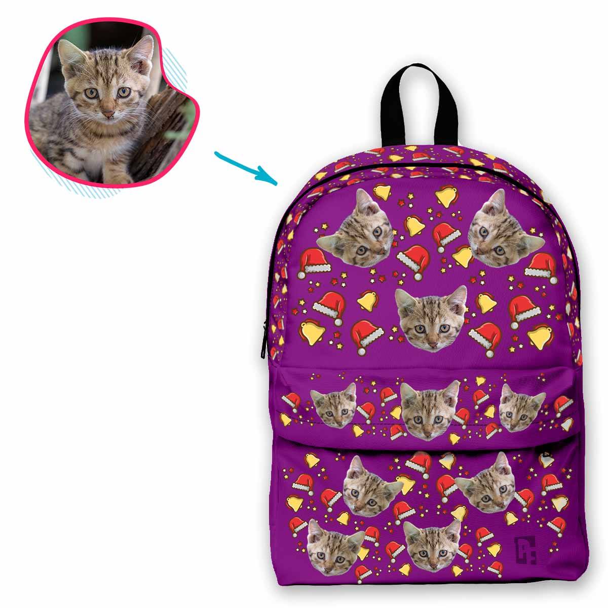 purple Santa's Hat classic backpack personalized with photo of face printed on it