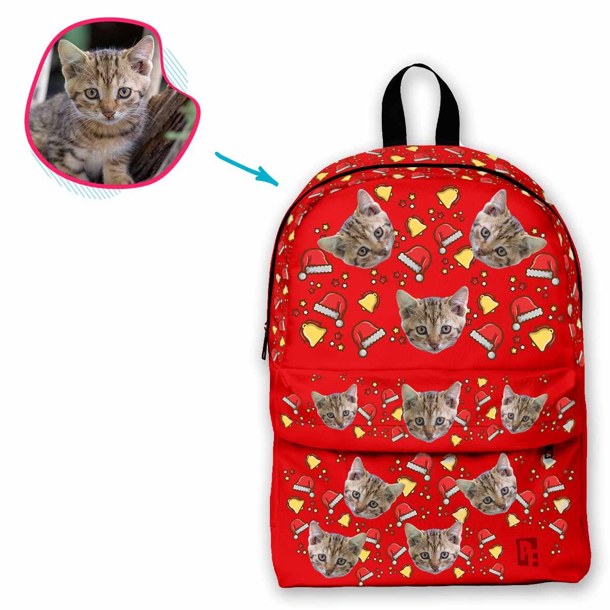 red Santa's Hat classic backpack personalized with photo of face printed on it