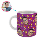 Load image into Gallery viewer, purple Santa's Hat mug personalized with photo of face printed on it
