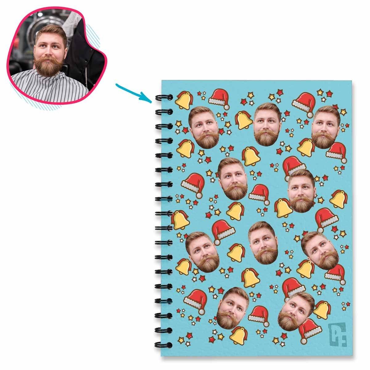 blue Santa's Hat Notebook personalized with photo of face printed on them