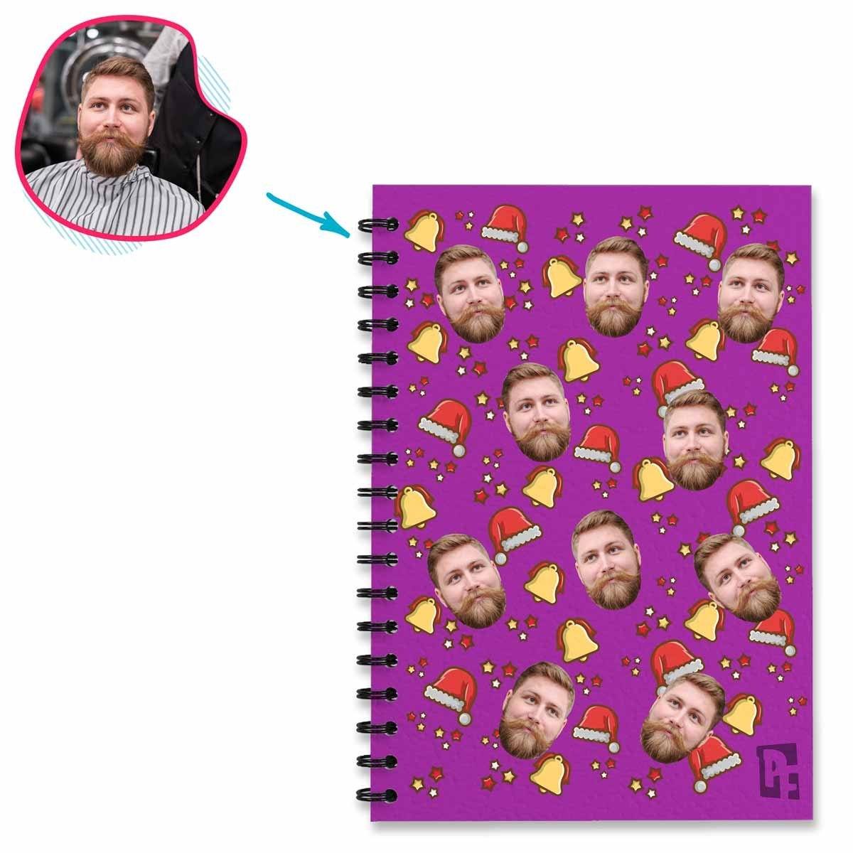 purple Santa's Hat Notebook personalized with photo of face printed on them