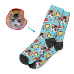 Load image into Gallery viewer, blue Santa&#39;s Hat socks personalized with photo of face printed on them
