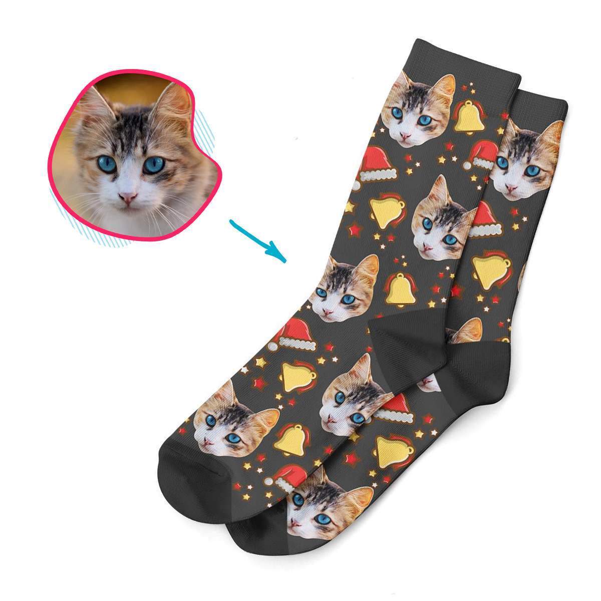 dark Santa's Hat socks personalized with photo of face printed on them