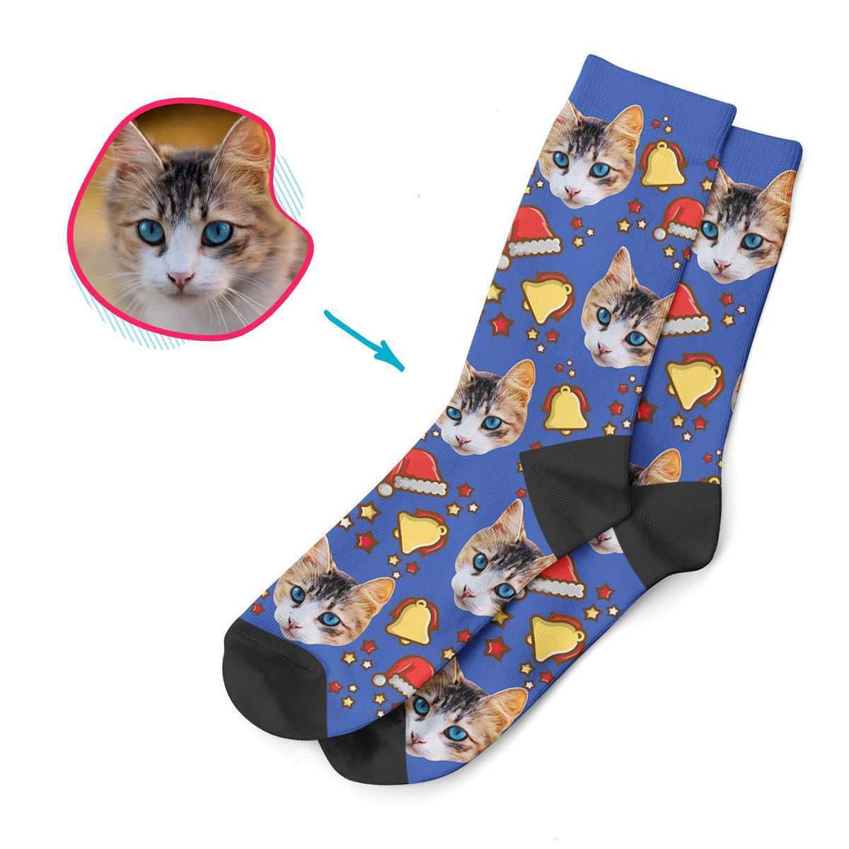 darkblue Santa's Hat socks personalized with photo of face printed on them