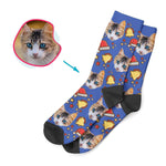 Load image into Gallery viewer, darkblue Santa&#39;s Hat socks personalized with photo of face printed on them
