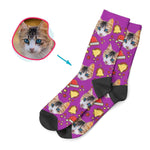 Load image into Gallery viewer, purple Santa&#39;s Hat socks personalized with photo of face printed on them
