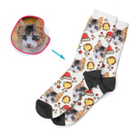 Load image into Gallery viewer, white Santa&#39;s Hat socks personalized with photo of face printed on them
