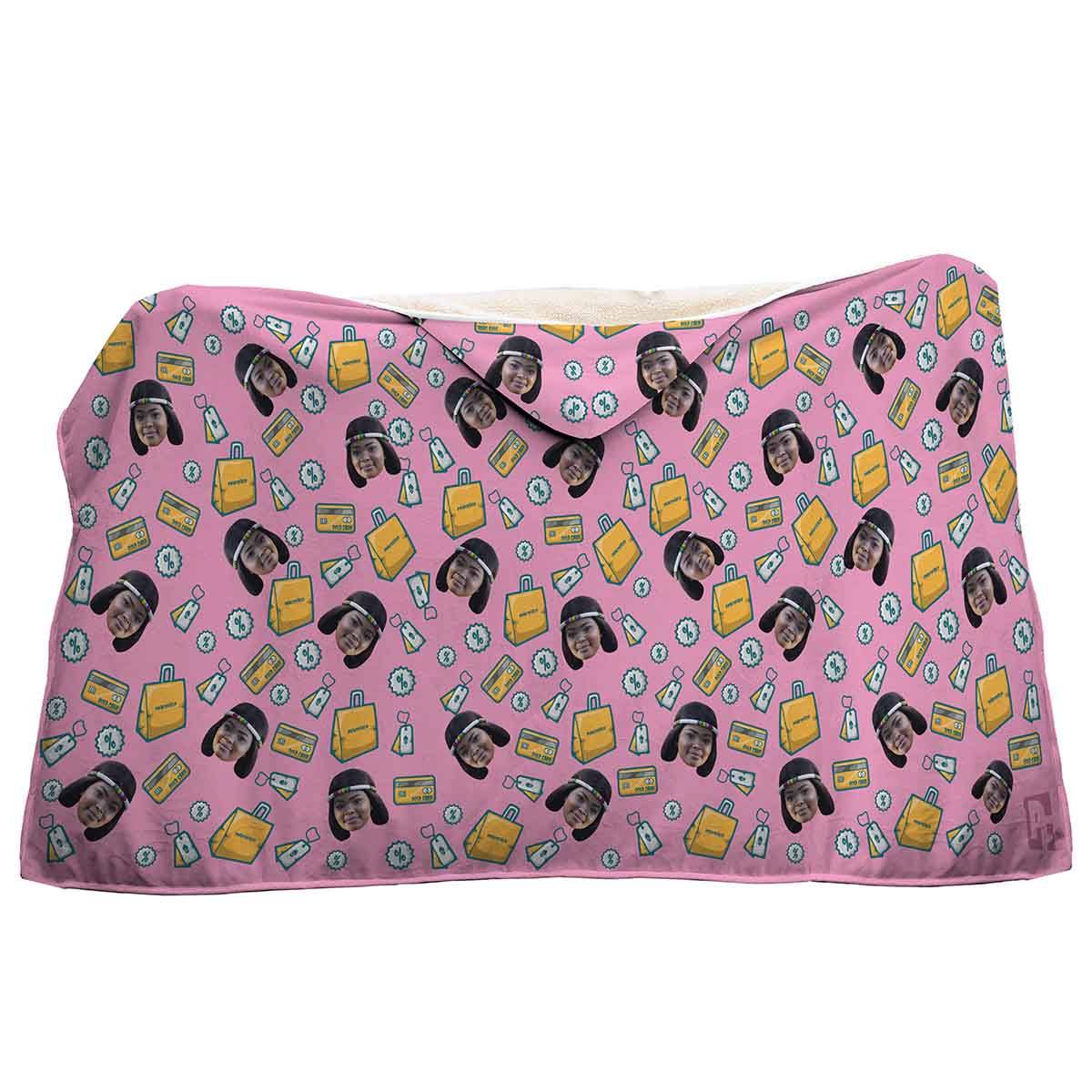 pink Shopping hooded blanket personalized with photo of face printed on it