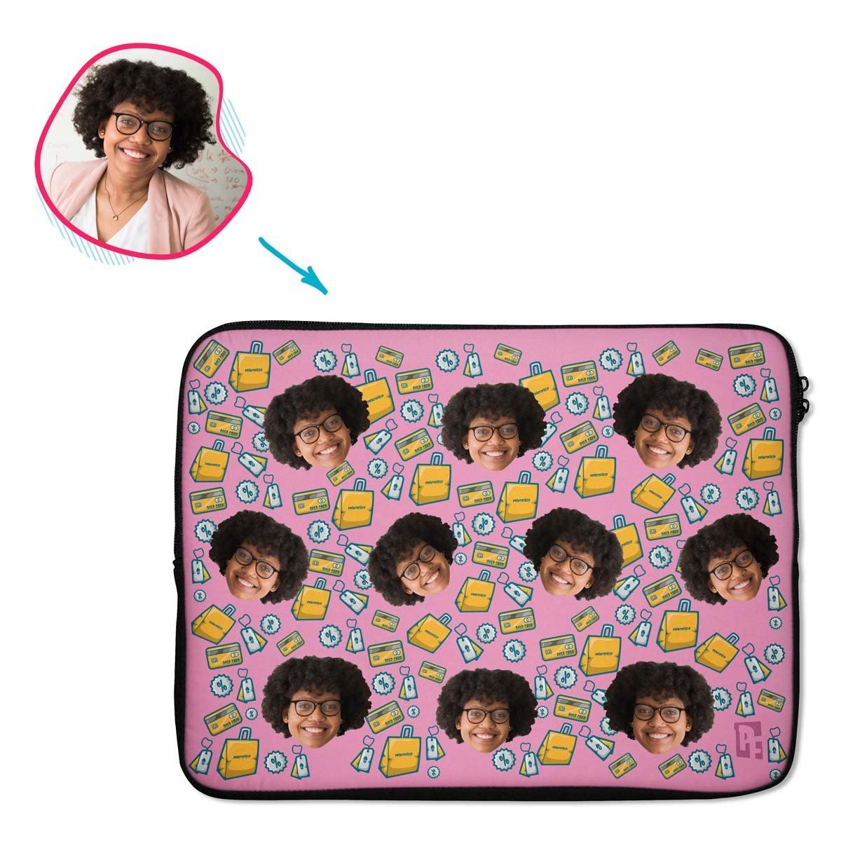 pink Shopping laptop sleeve personalized with photo of face printed on them