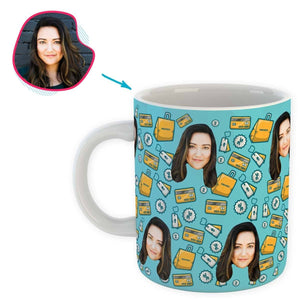 blue Shopping mug personalized with photo of face printed on it