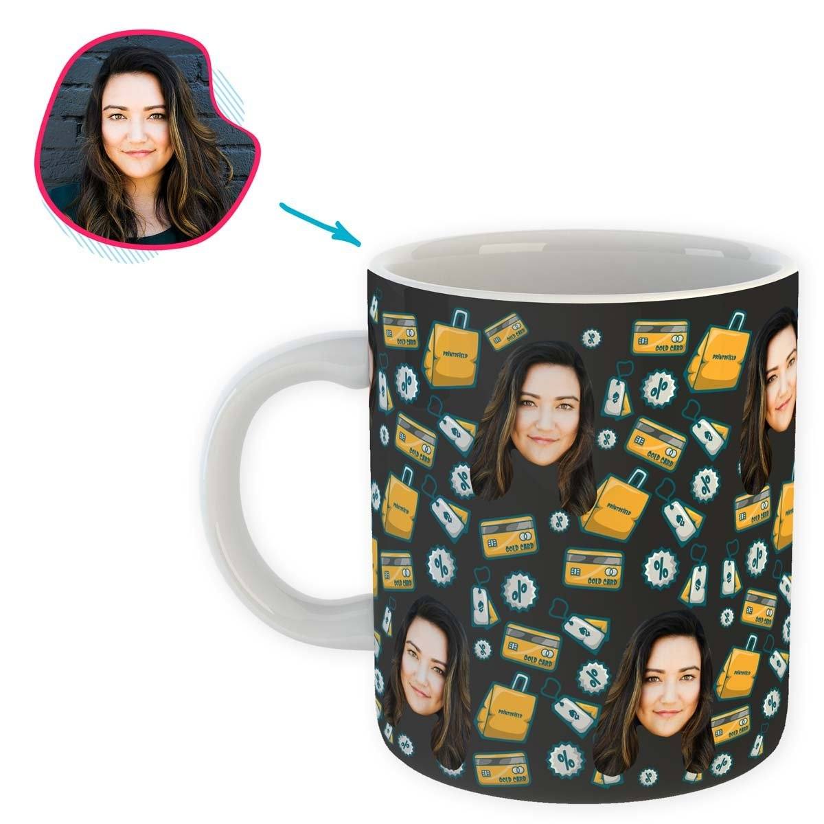dark Shopping mug personalized with photo of face printed on it