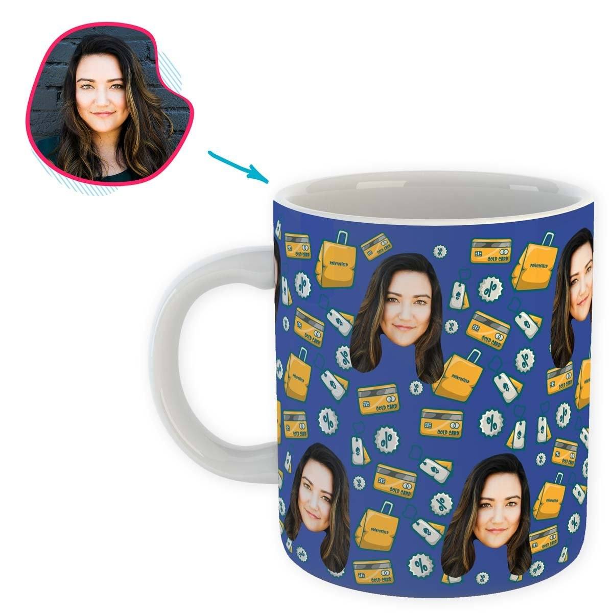 darkblue Shopping mug personalized with photo of face printed on it
