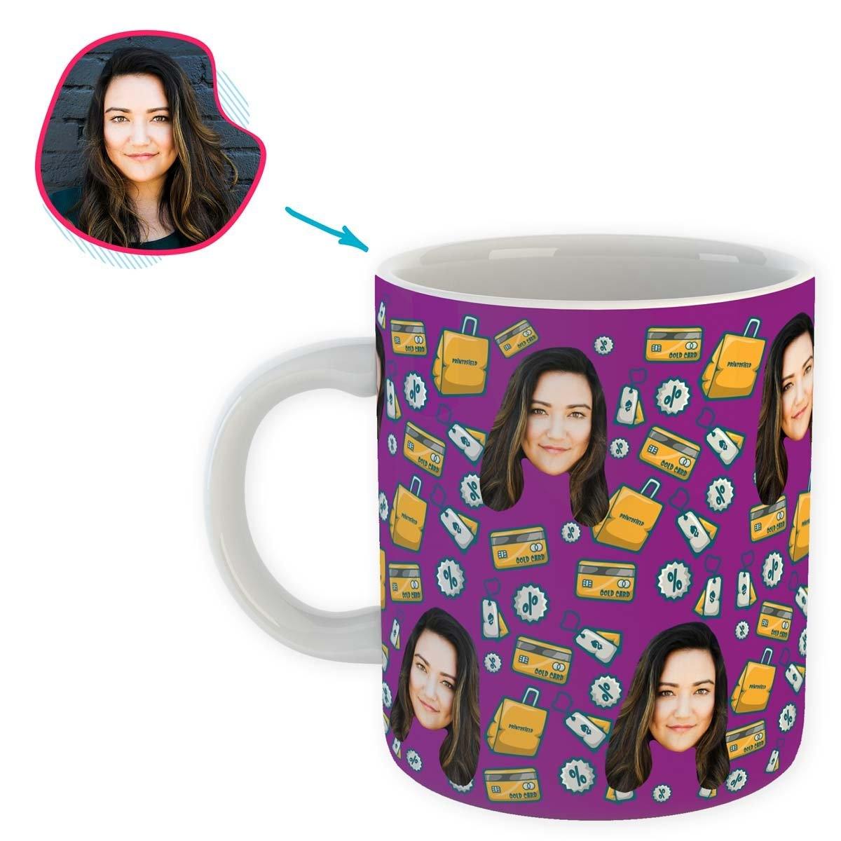 purple Shopping mug personalized with photo of face printed on it
