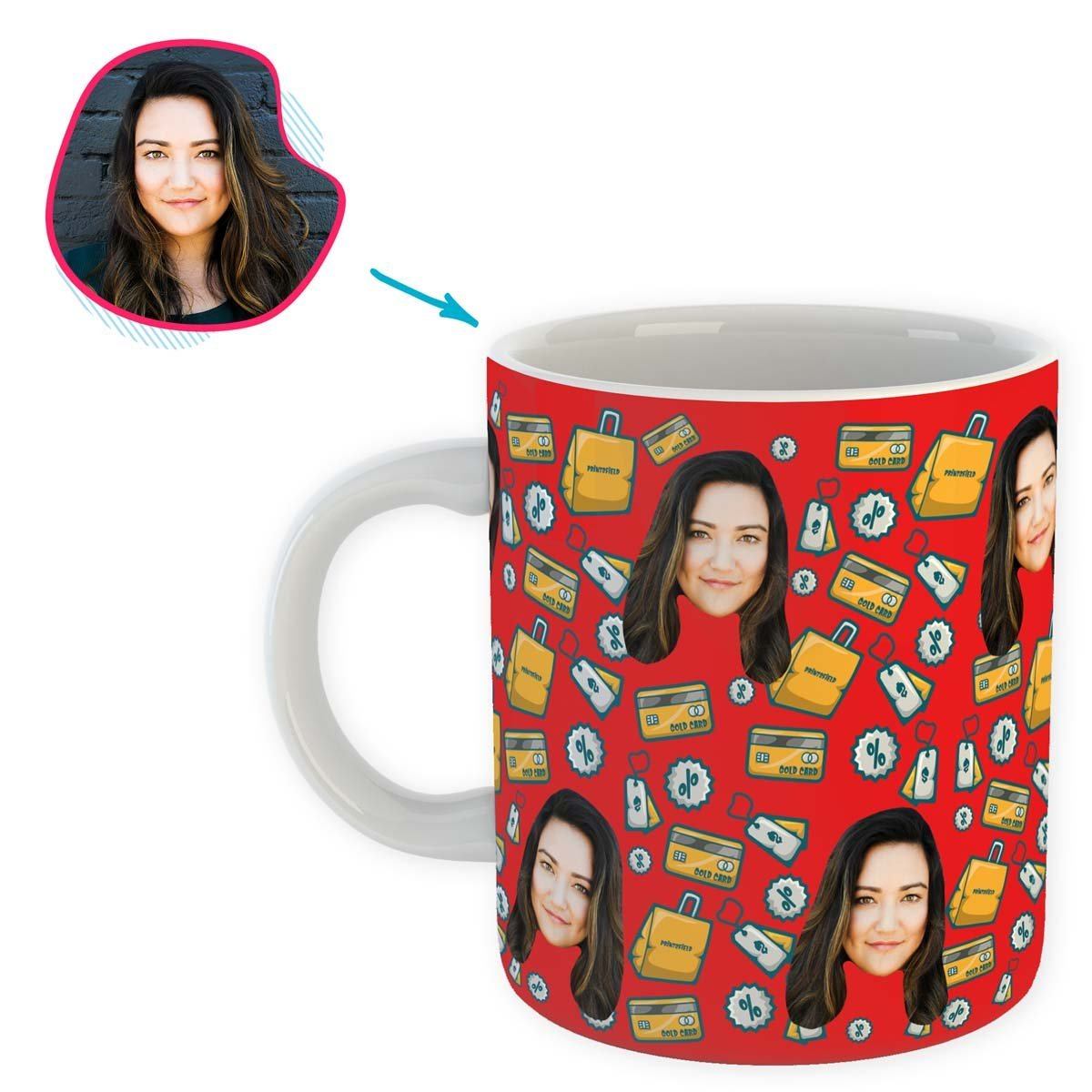 red Shopping mug personalized with photo of face printed on it