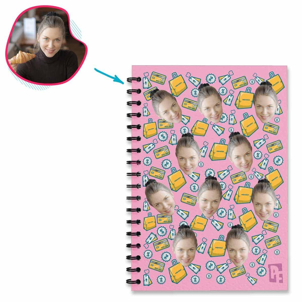 pink Shopping Notebook personalized with photo of face printed on them