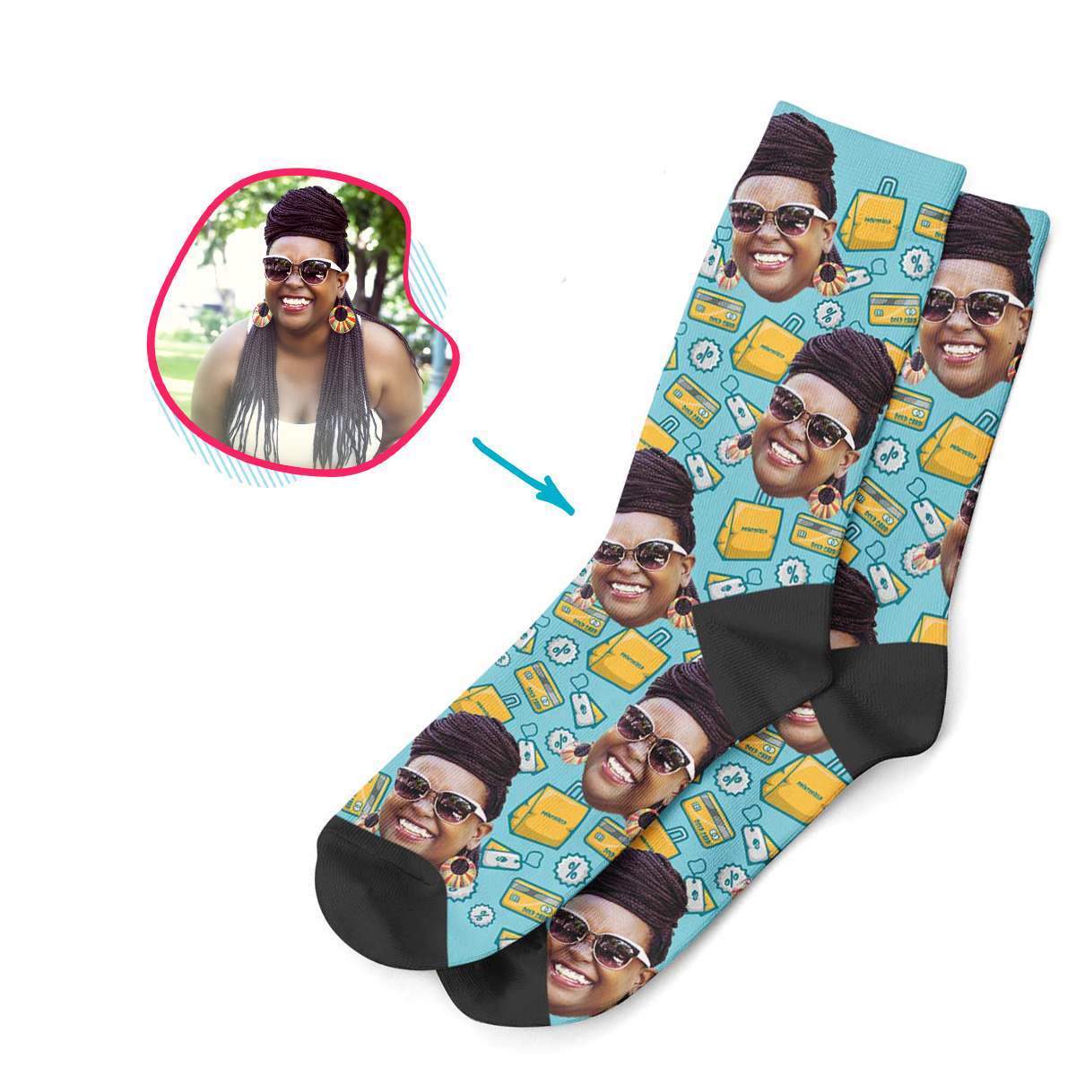 blue Shopping socks personalized with photo of face printed on them