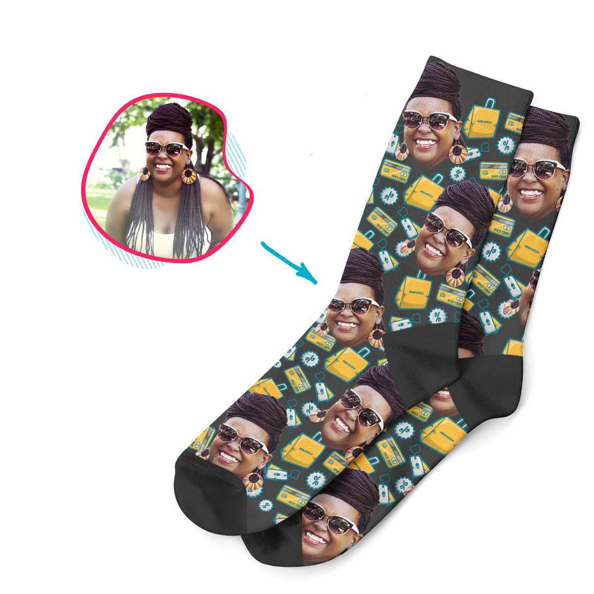 dark Shopping socks personalized with photo of face printed on them