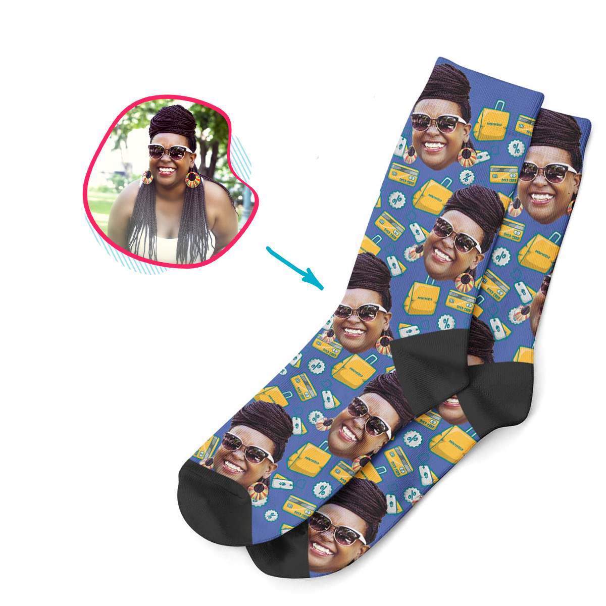 darkblue Shopping socks personalized with photo of face printed on them