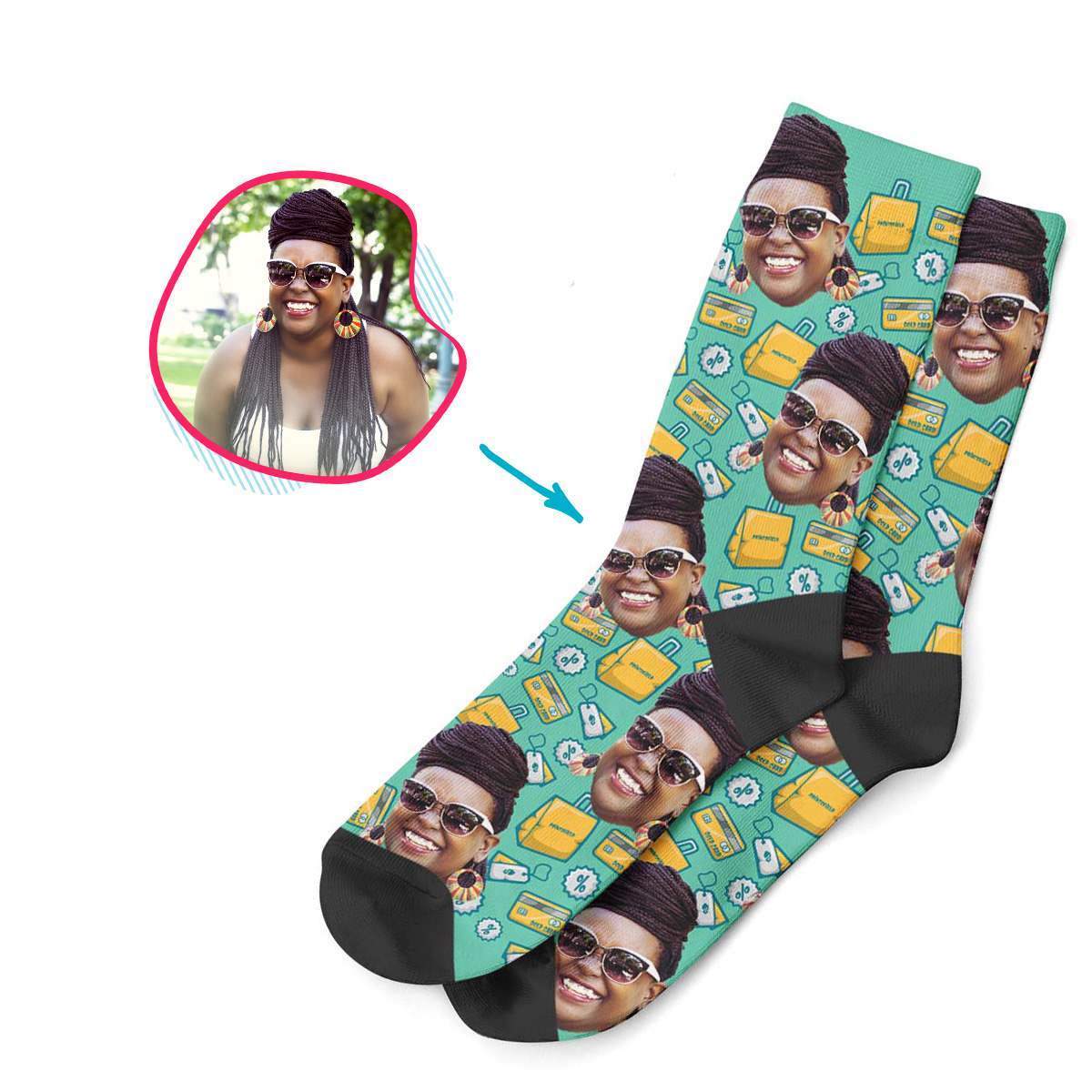 mint Shopping socks personalized with photo of face printed on them