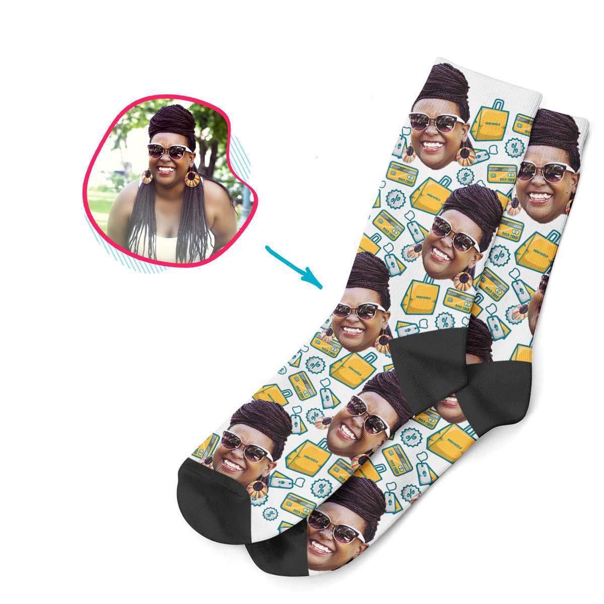 white Shopping socks personalized with photo of face printed on them