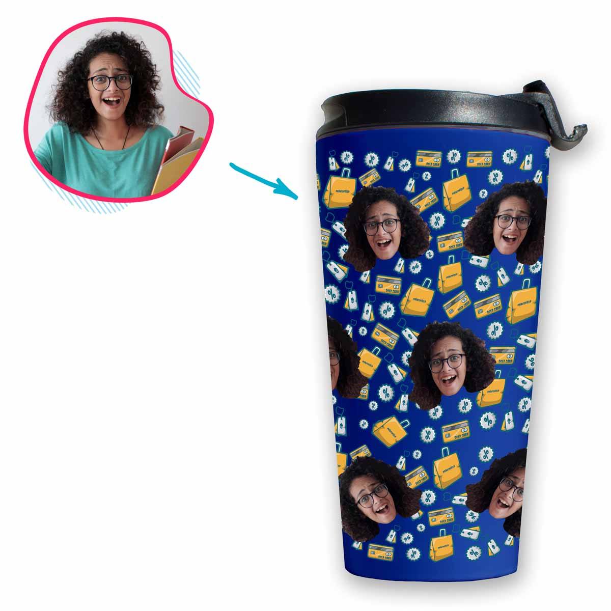 darkblue Shopping travel mug personalized with photo of face printed on it