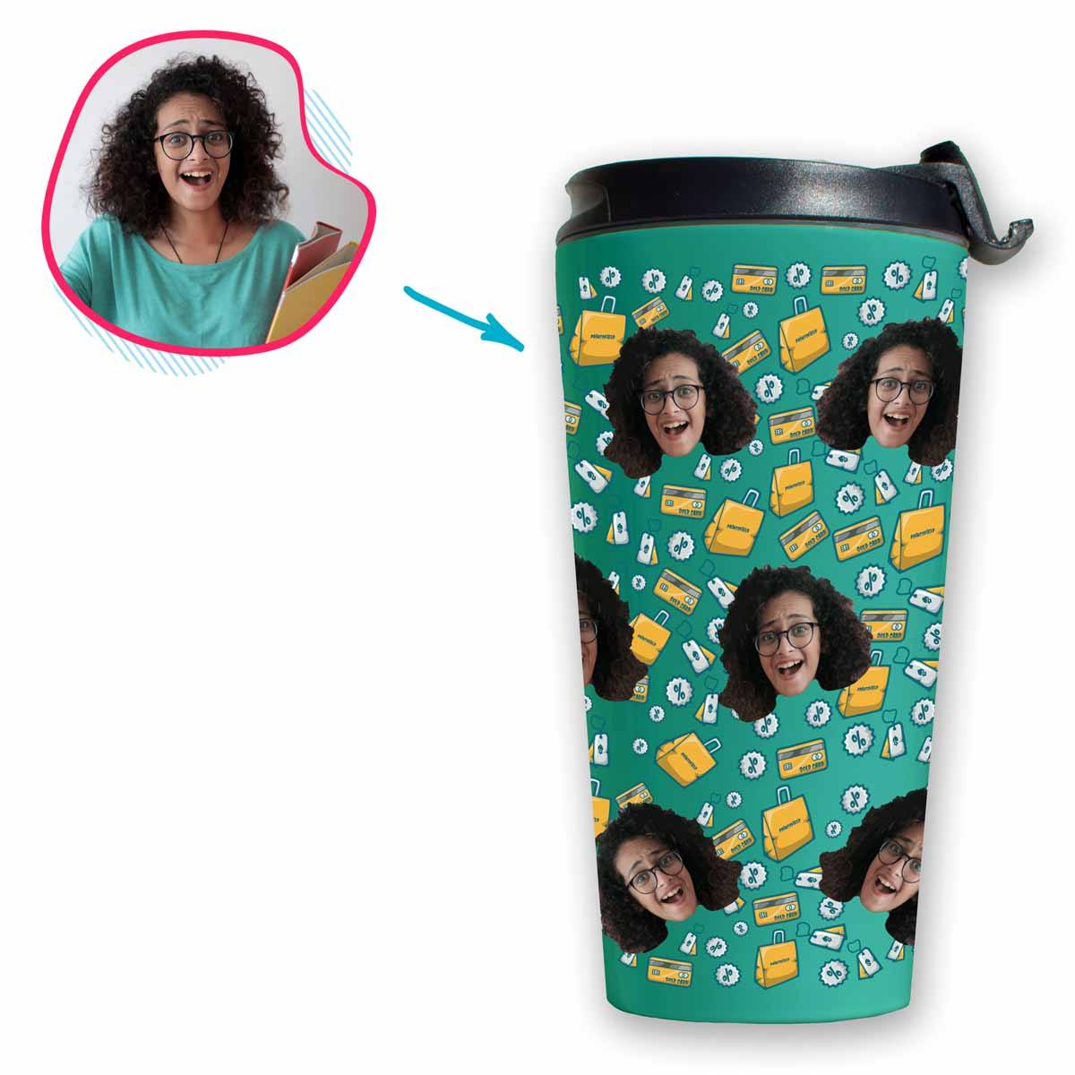 mint Shopping travel mug personalized with photo of face printed on it