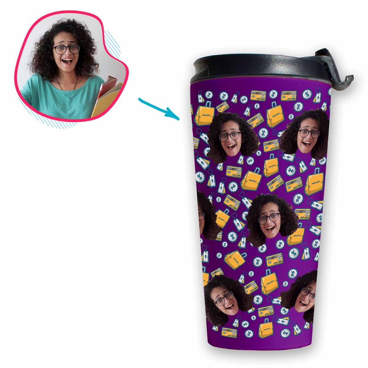 purple Shopping travel mug personalized with photo of face printed on it