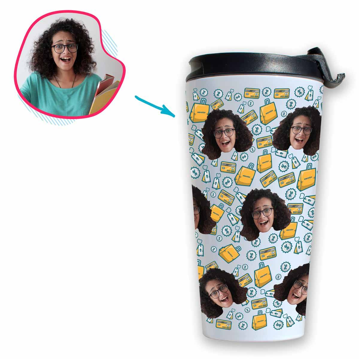 white Shopping travel mug personalized with photo of face printed on it