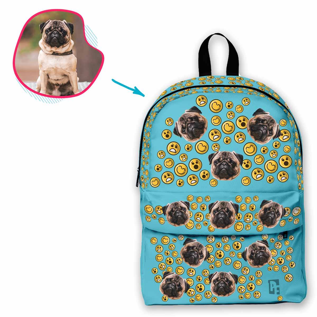 blue Smiles classic backpack personalized with photo of face printed on it