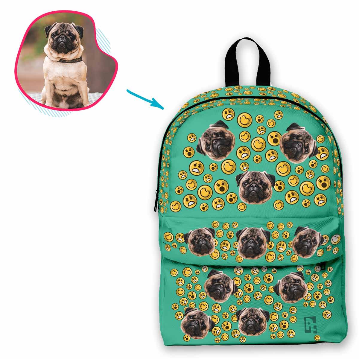 mint Smiles classic backpack personalized with photo of face printed on it