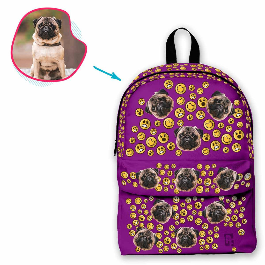 purple Smiles classic backpack personalized with photo of face printed on it