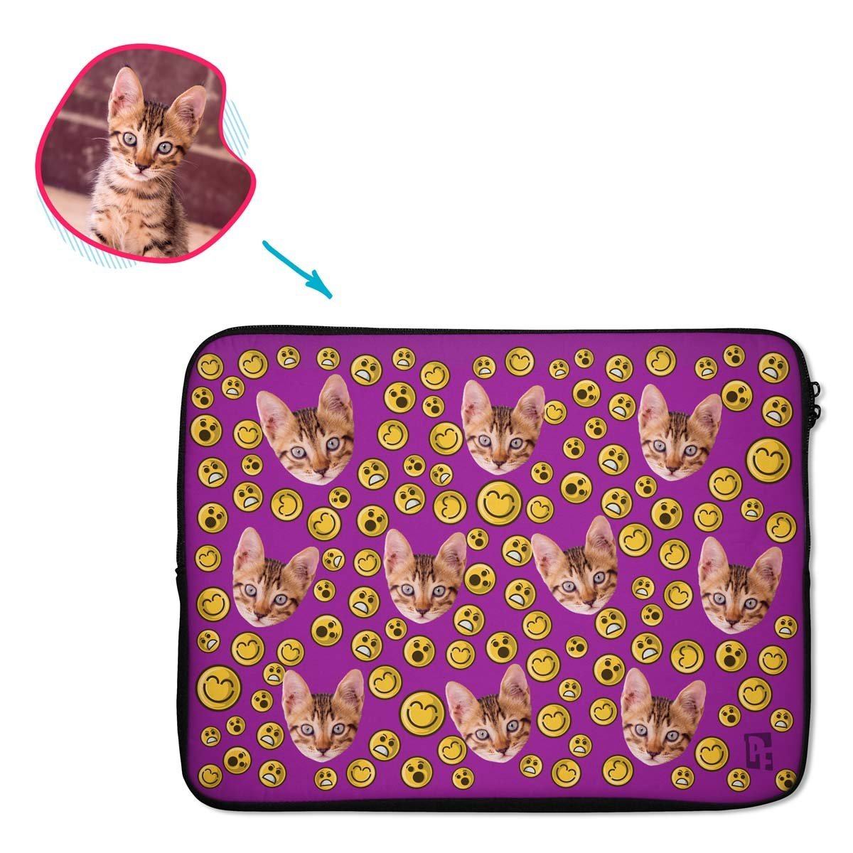 purple Smiles laptop sleeve personalized with photo of face printed on them