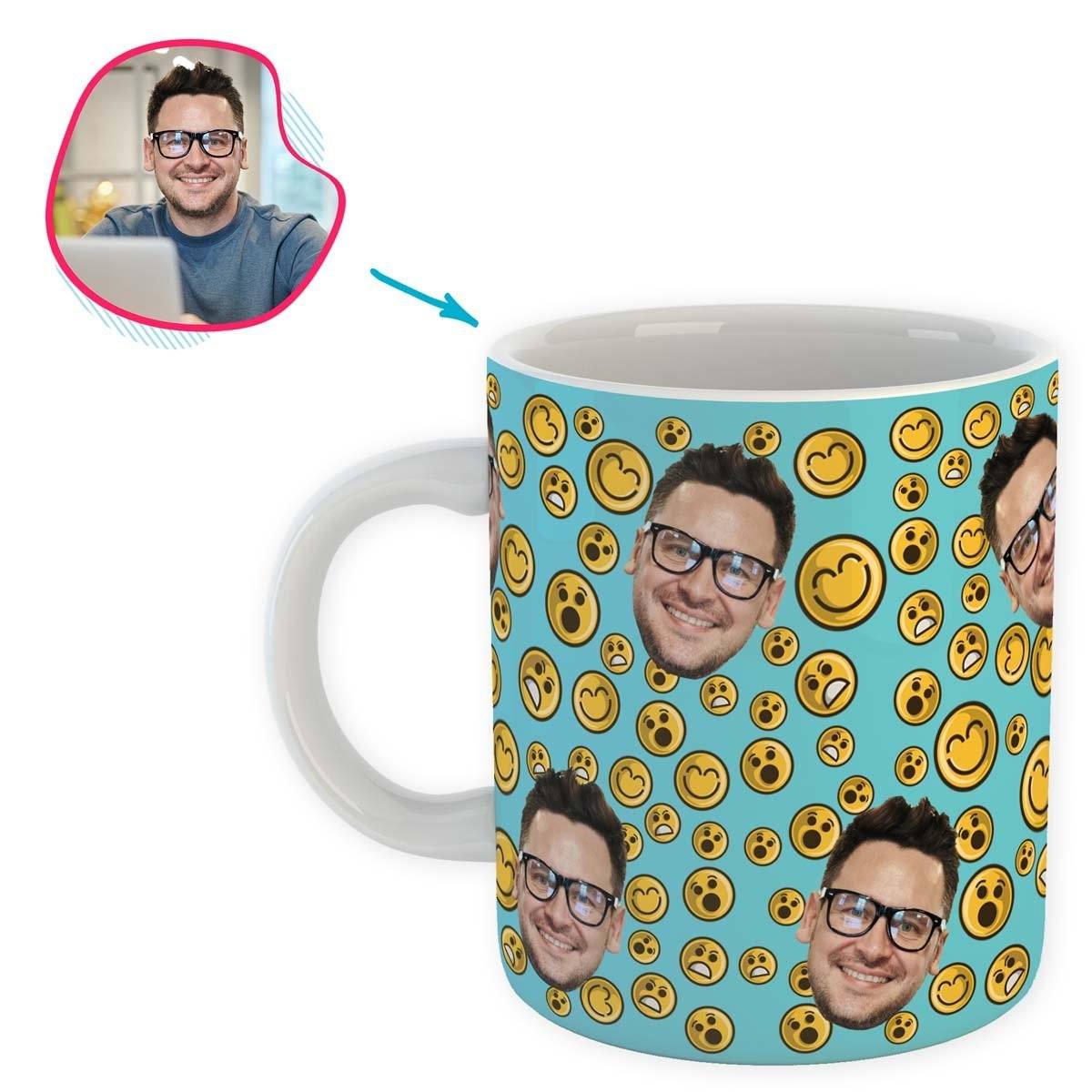 blue Smiles mug personalized with photo of face printed on it