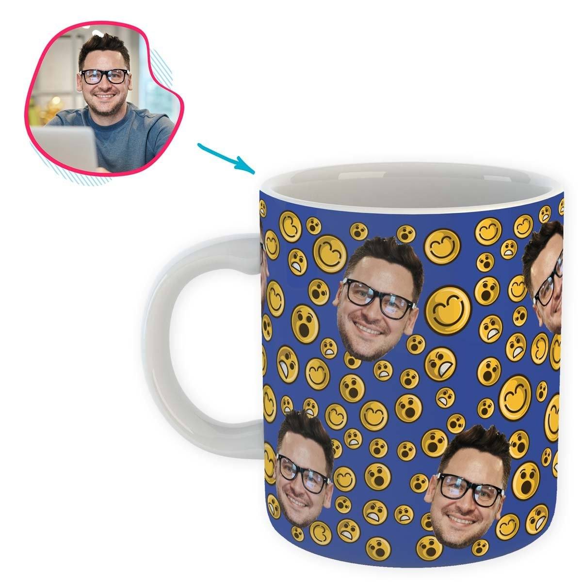 darkblue Smiles mug personalized with photo of face printed on it