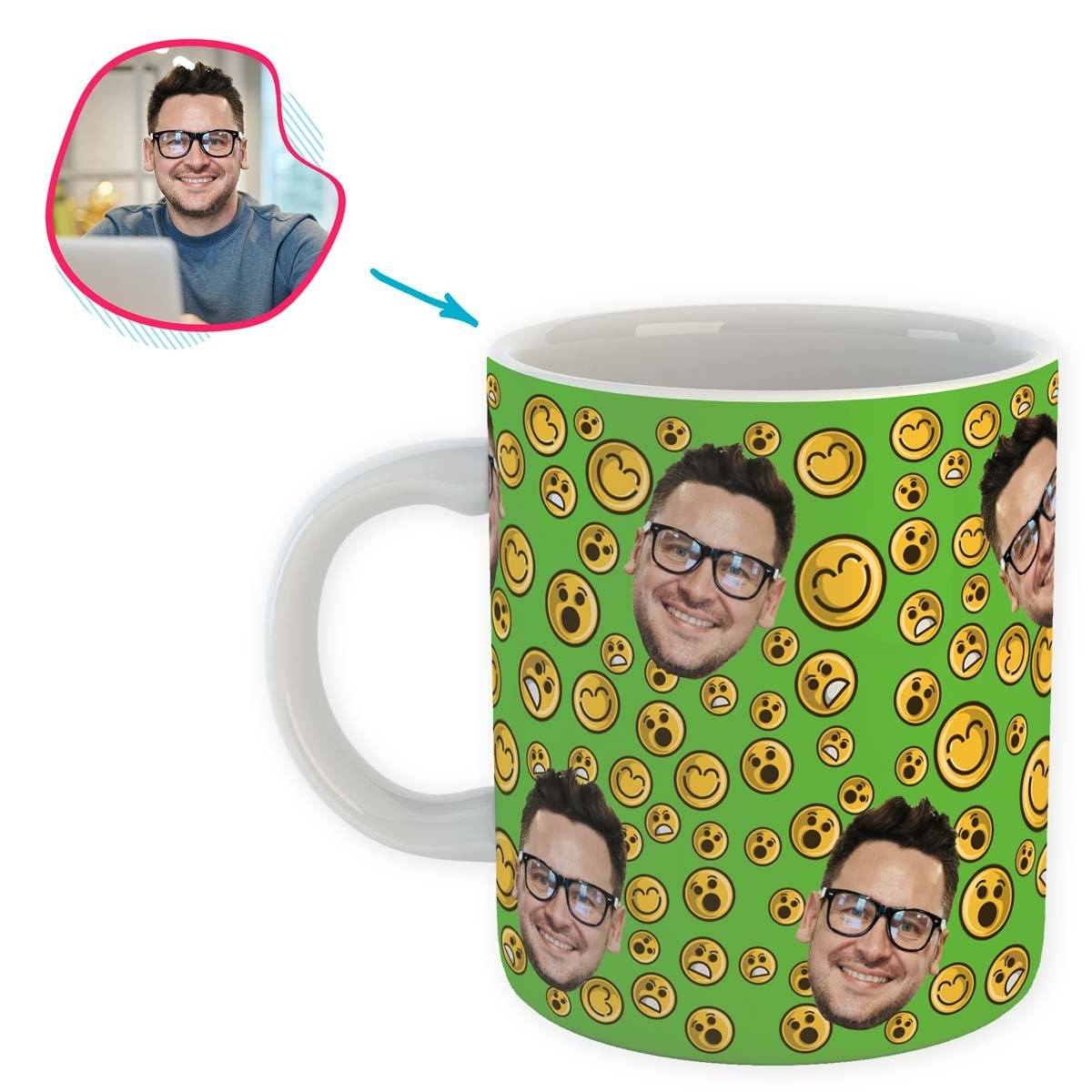 green Smiles mug personalized with photo of face printed on it