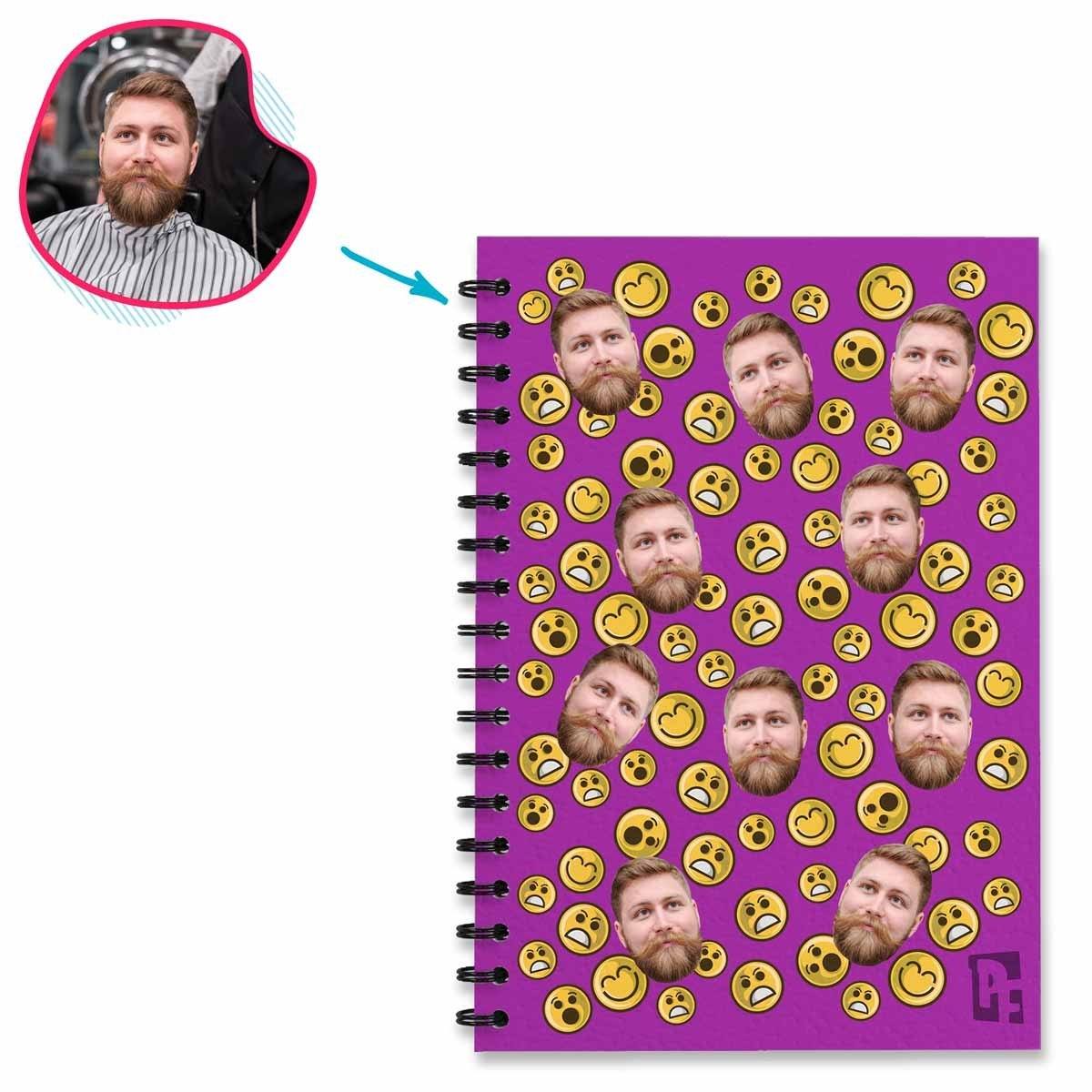 purple Smiles Notebook personalized with photo of face printed on them