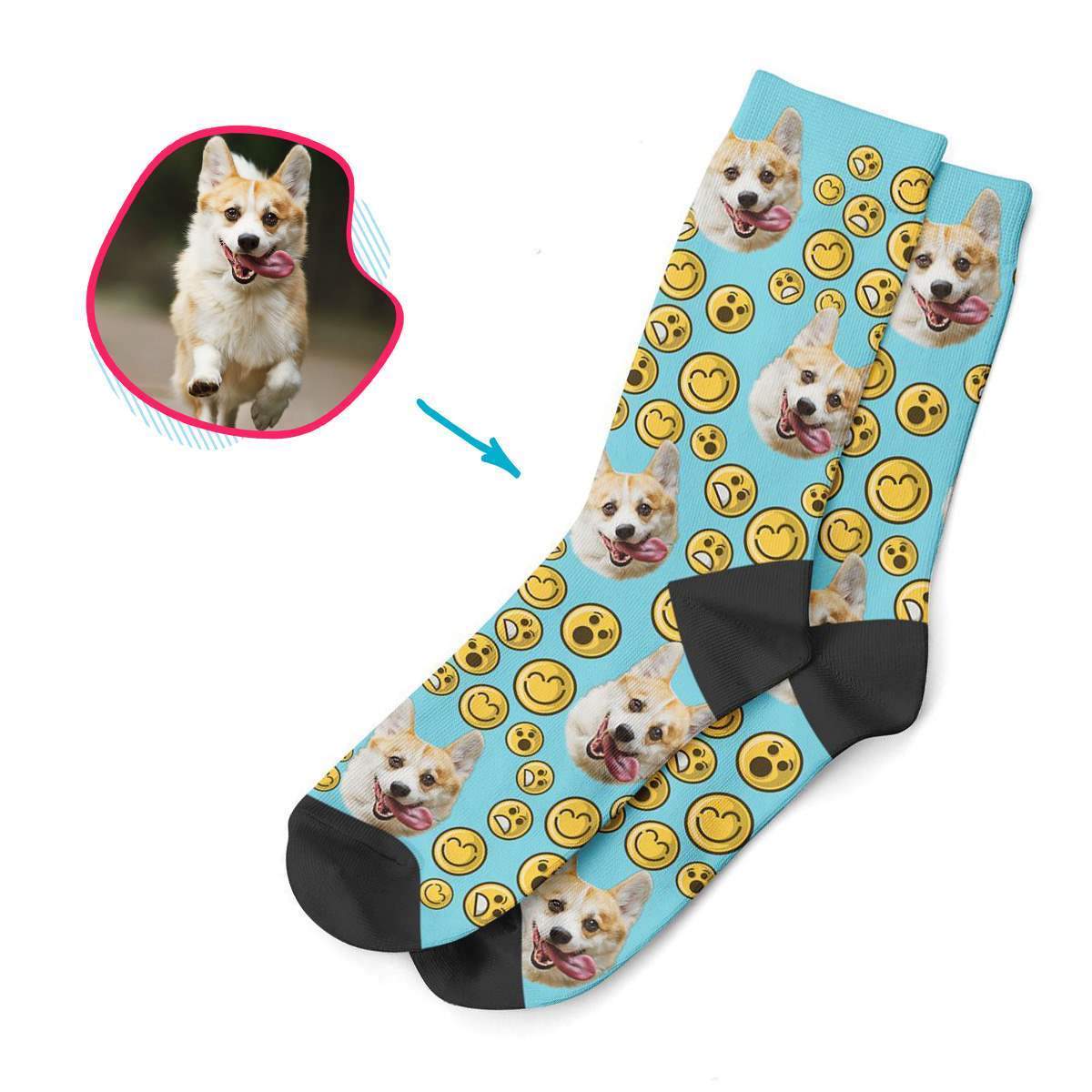 blue Smiles socks personalized with photo of face printed on them